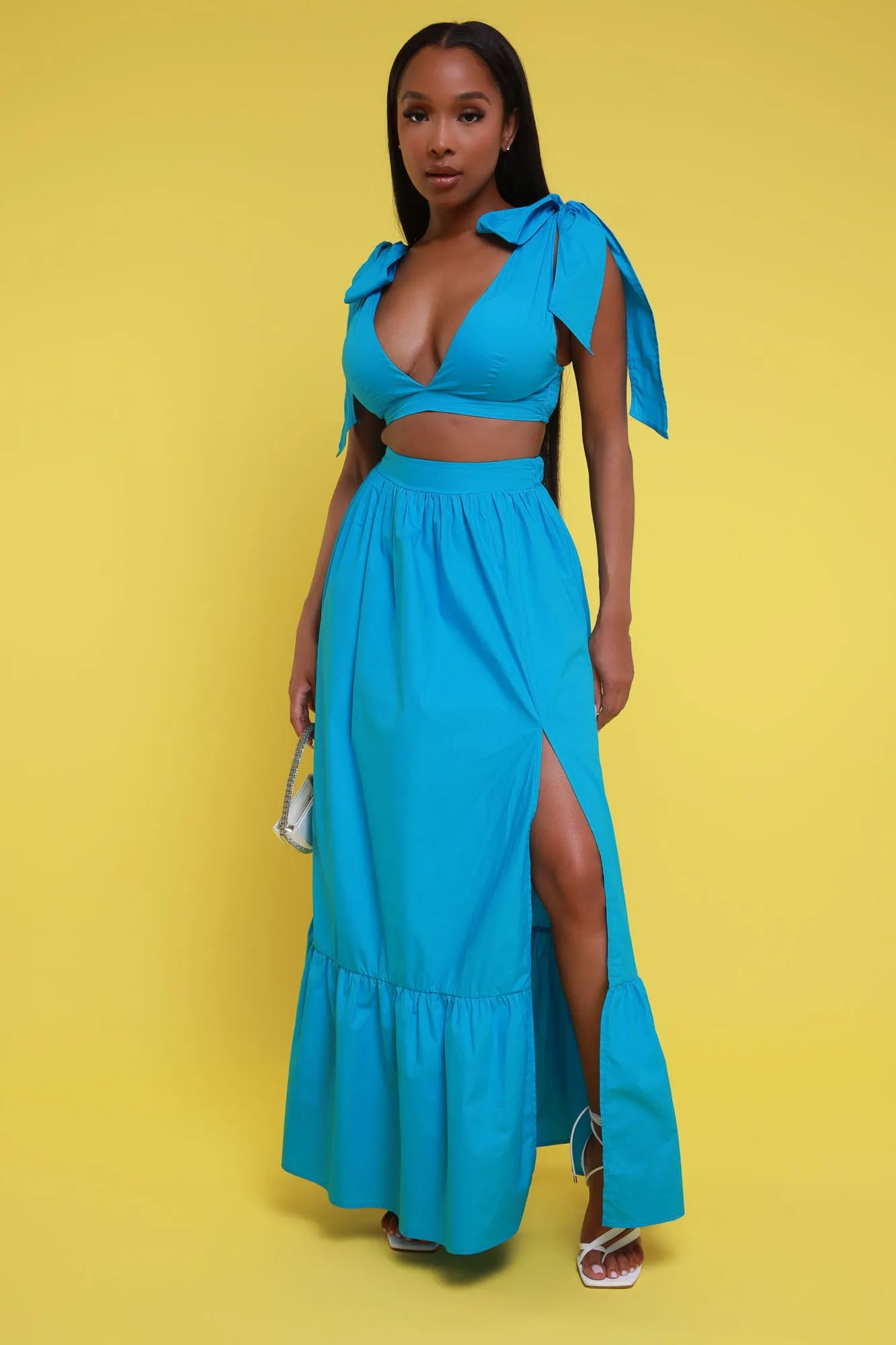 Anywhere With You Cropped Maxi Skirt Set - Blue