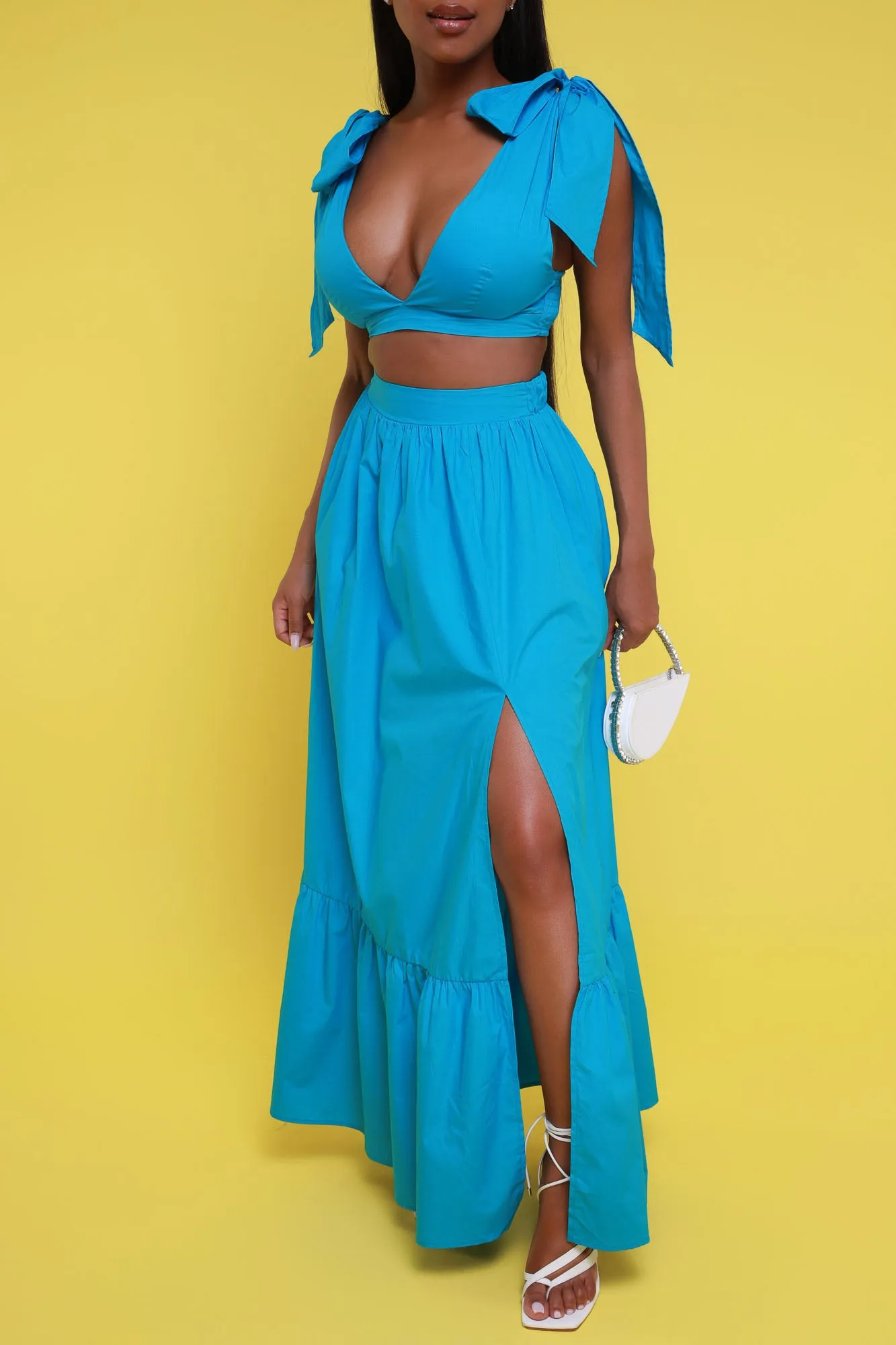 Anywhere With You Cropped Maxi Skirt Set - Blue