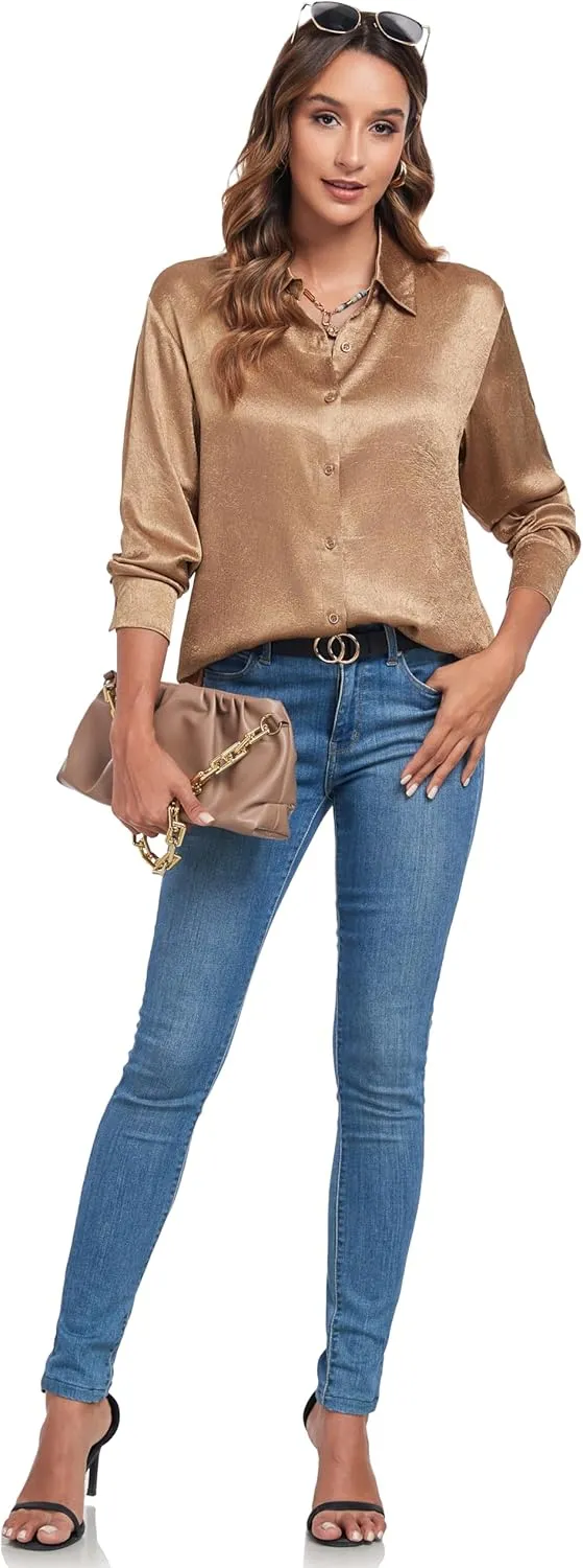 Atnlewhi Women's Long Sleeve Button Down Satin Silk Texture Shirts Casual Business Smooth Blouse Tops
