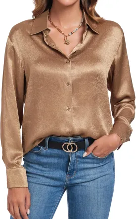 Atnlewhi Women's Long Sleeve Button Down Satin Silk Texture Shirts Casual Business Smooth Blouse Tops