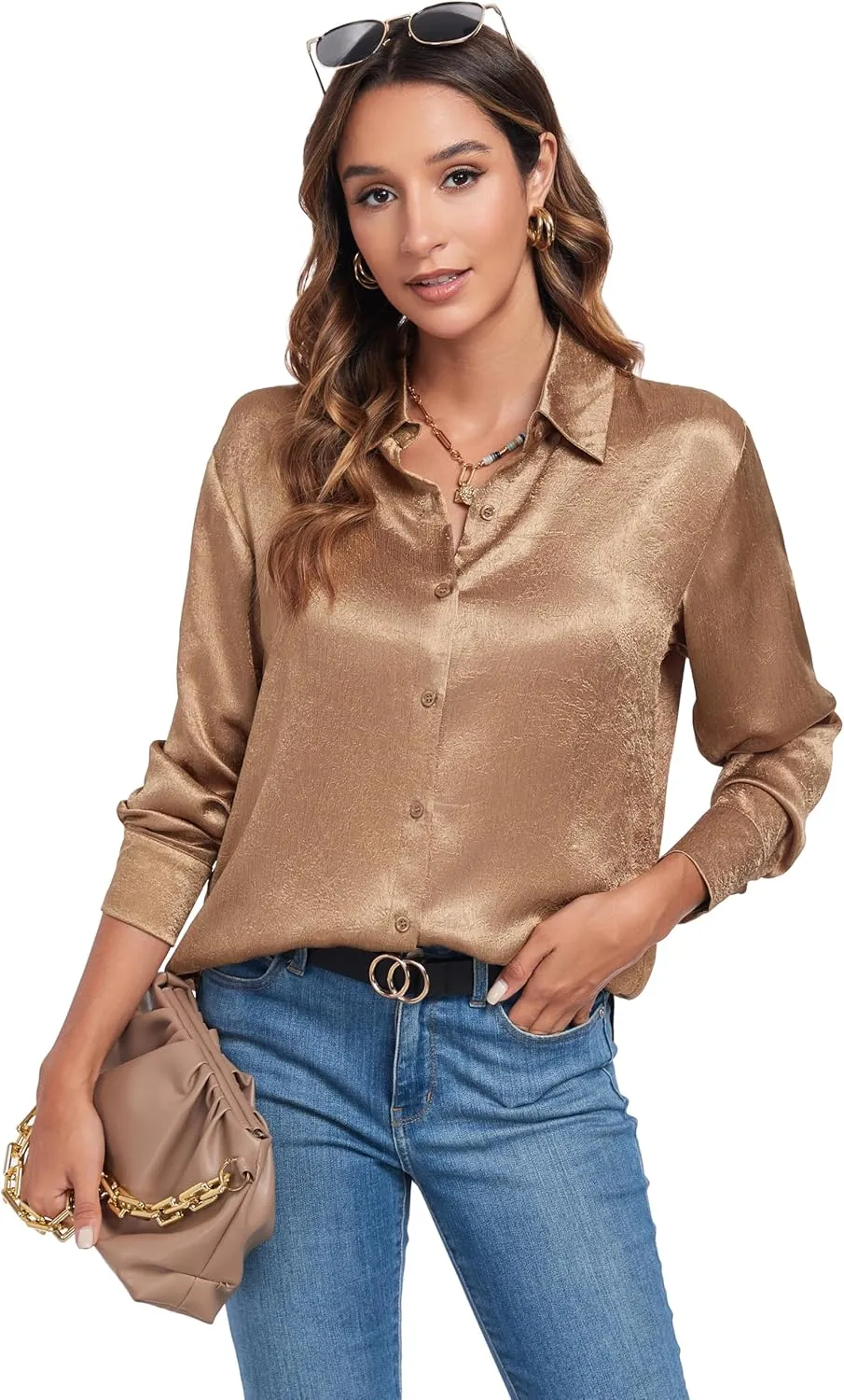 Atnlewhi Women's Long Sleeve Button Down Satin Silk Texture Shirts Casual Business Smooth Blouse Tops