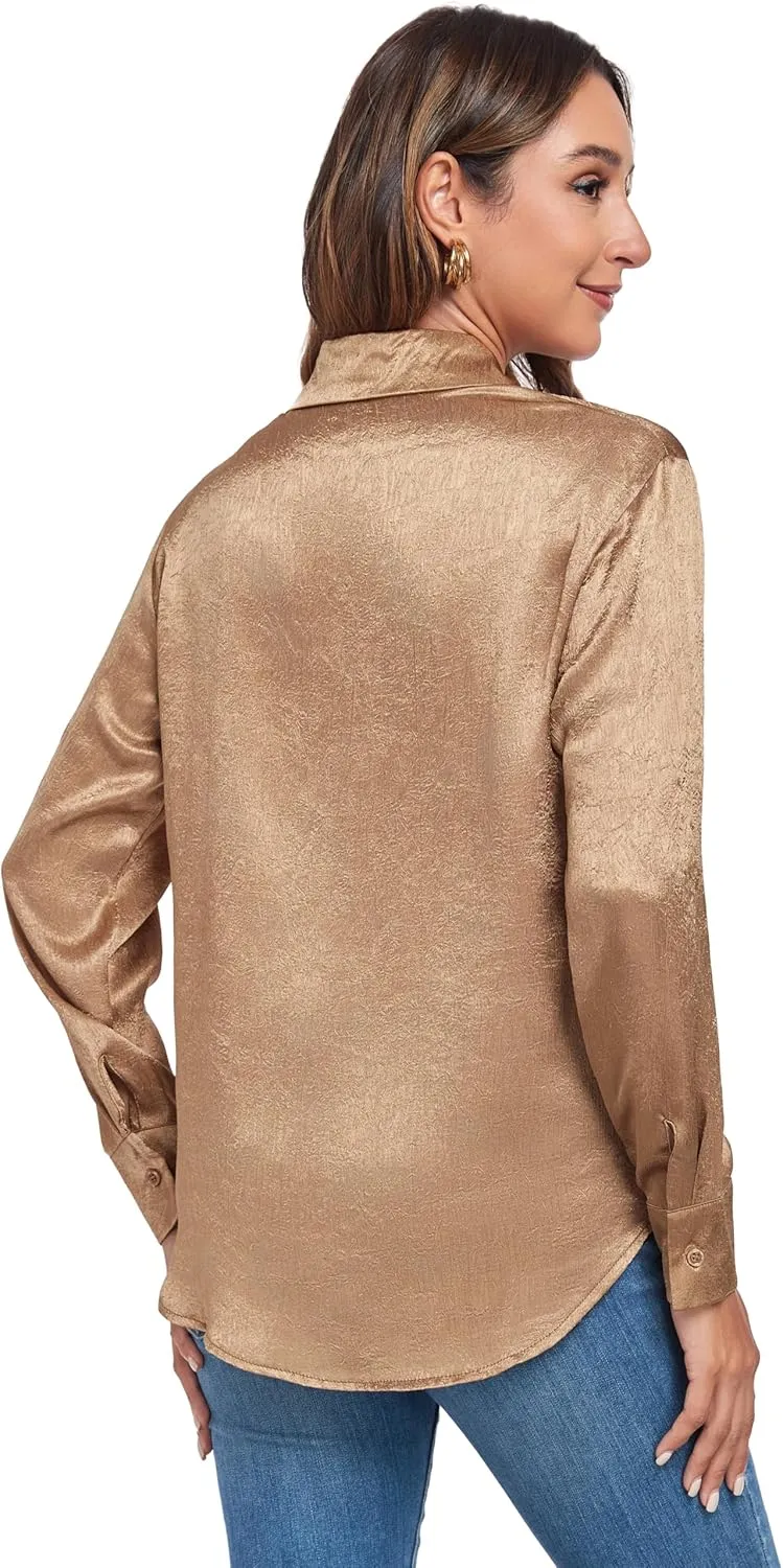 Atnlewhi Women's Long Sleeve Button Down Satin Silk Texture Shirts Casual Business Smooth Blouse Tops