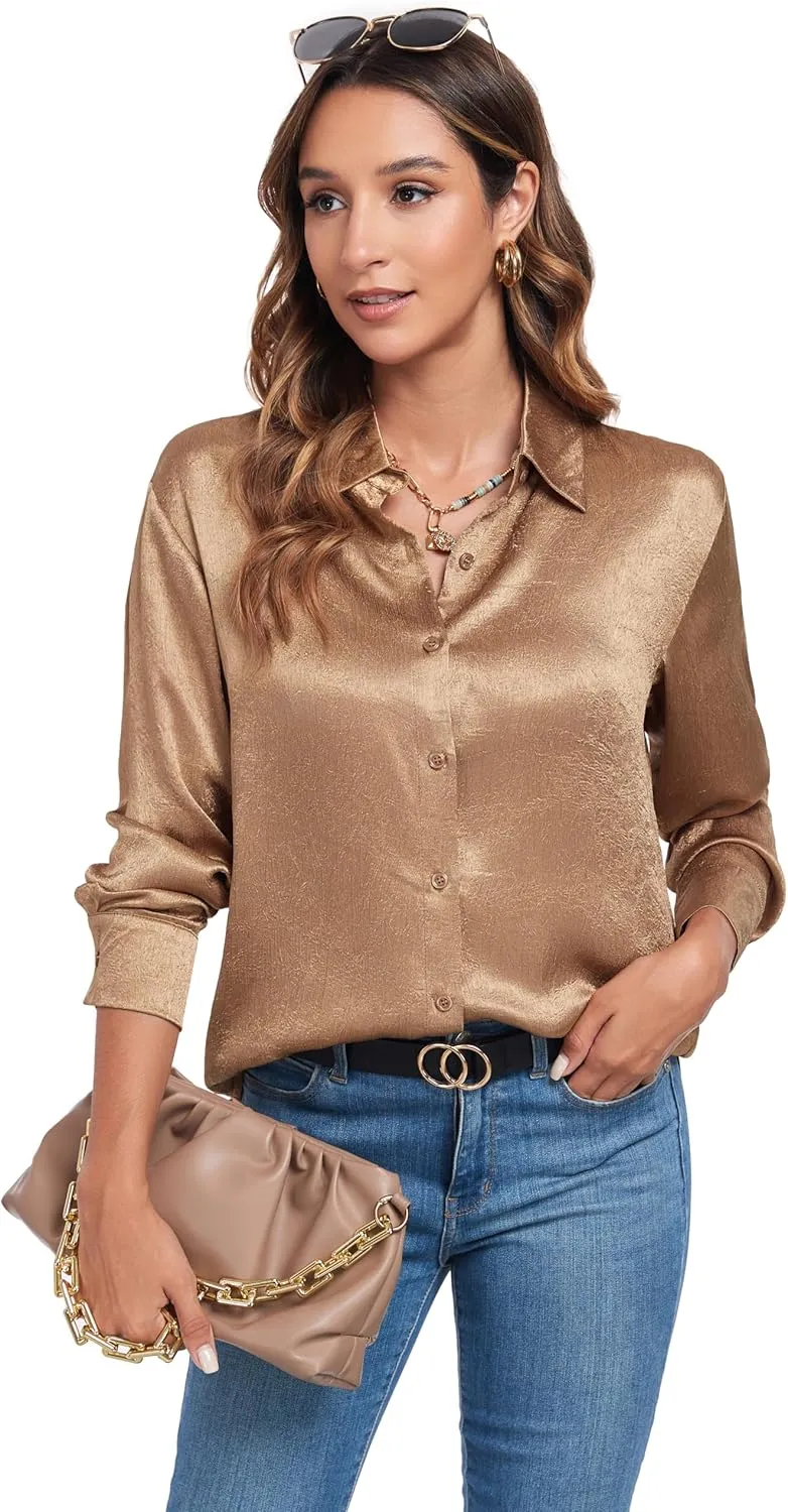 Atnlewhi Women's Long Sleeve Button Down Satin Silk Texture Shirts Casual Business Smooth Blouse Tops
