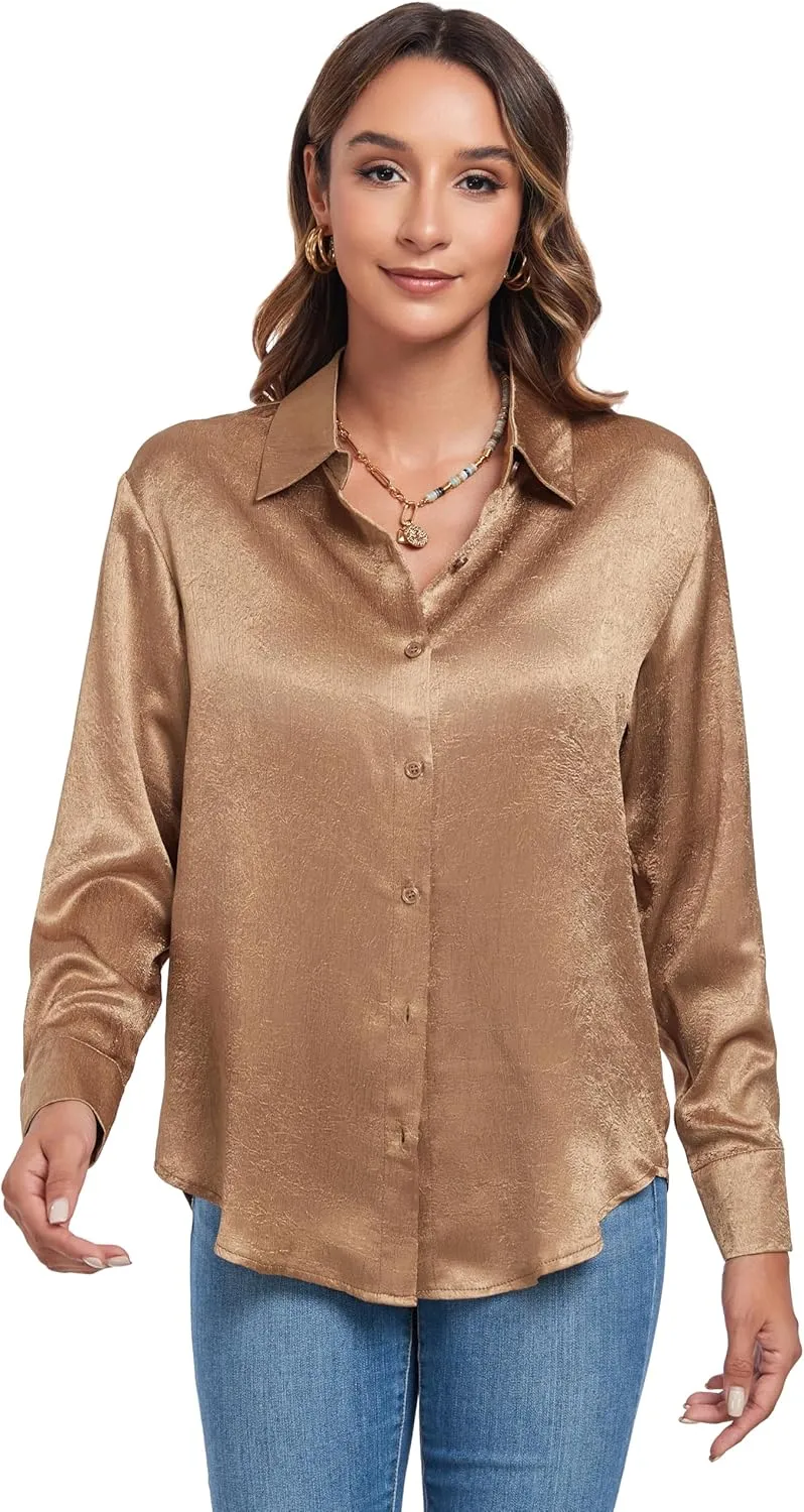 Atnlewhi Women's Long Sleeve Button Down Satin Silk Texture Shirts Casual Business Smooth Blouse Tops