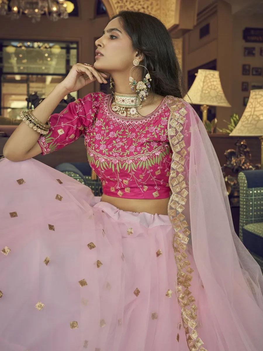 Baby Pink Net Embroidered Lehenga Choli