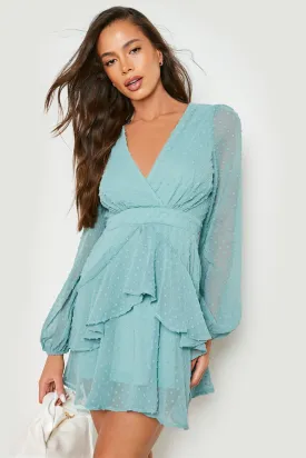 Boohoo Ruffle Dobby Chiffon Mini Dress, Sage