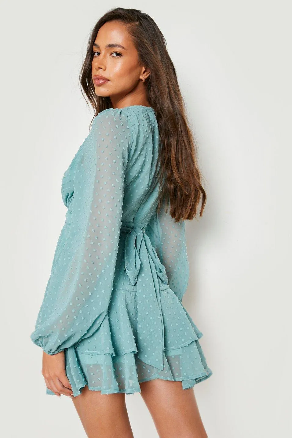 Boohoo Ruffle Dobby Chiffon Mini Dress, Sage