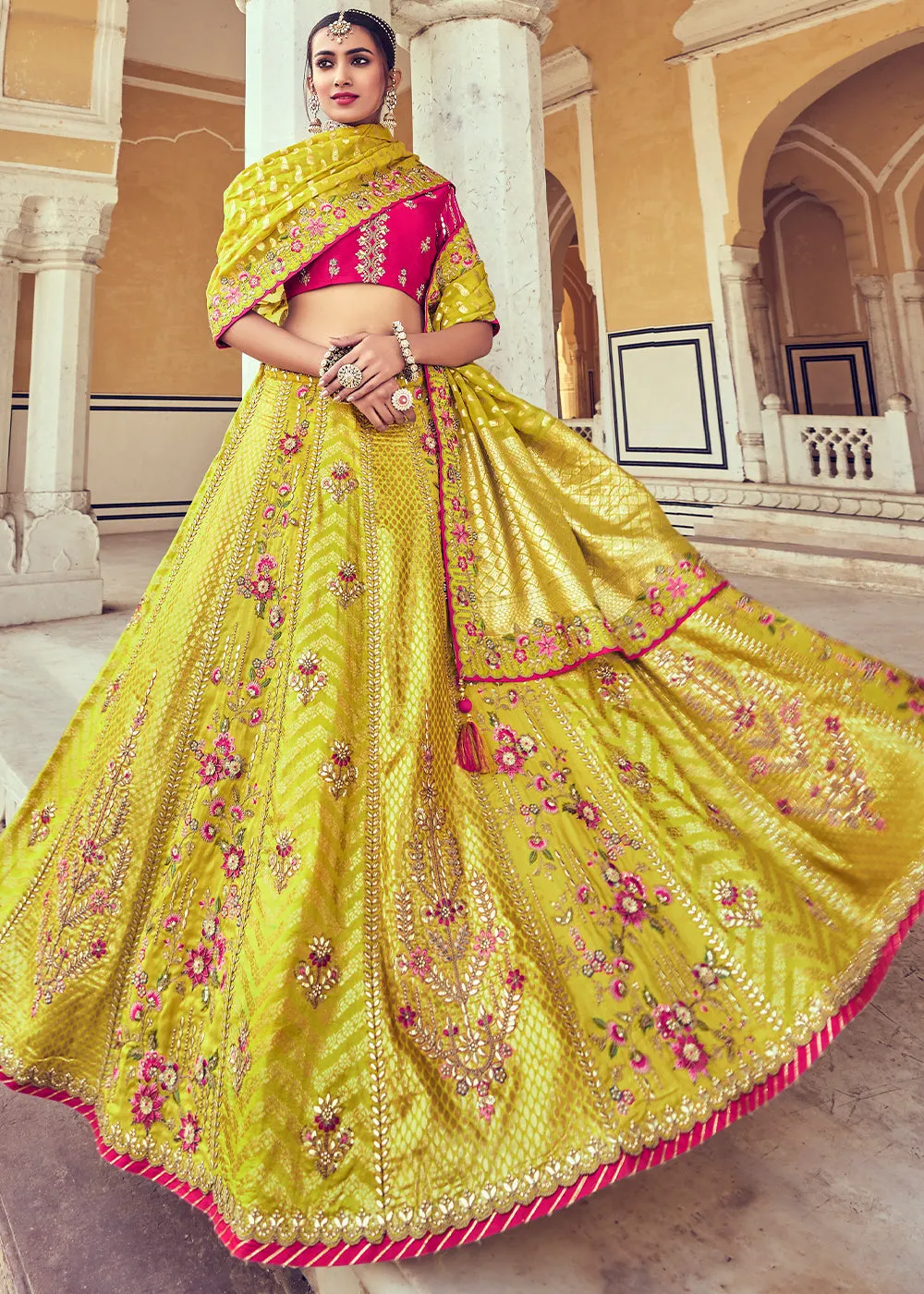 Cadmium Yellow Banarasi Silk Lehenga Choli with Khatli and Heavy Embroidered work