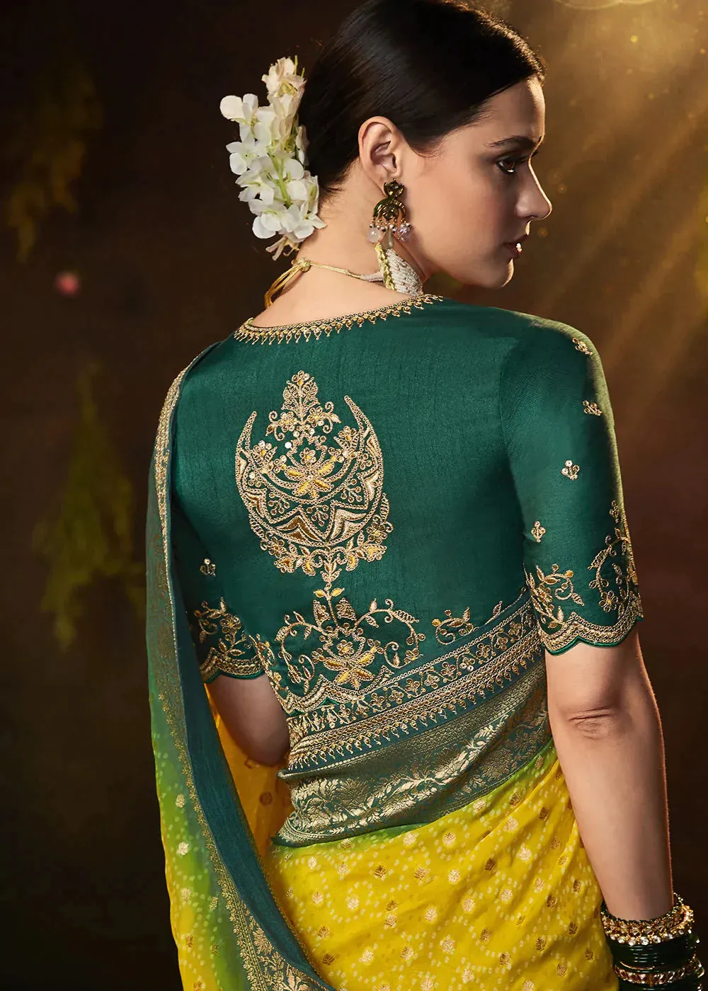 Canary Yellow Zari Weaving Georgette Silk Saree with Embroidery Designer Blouse