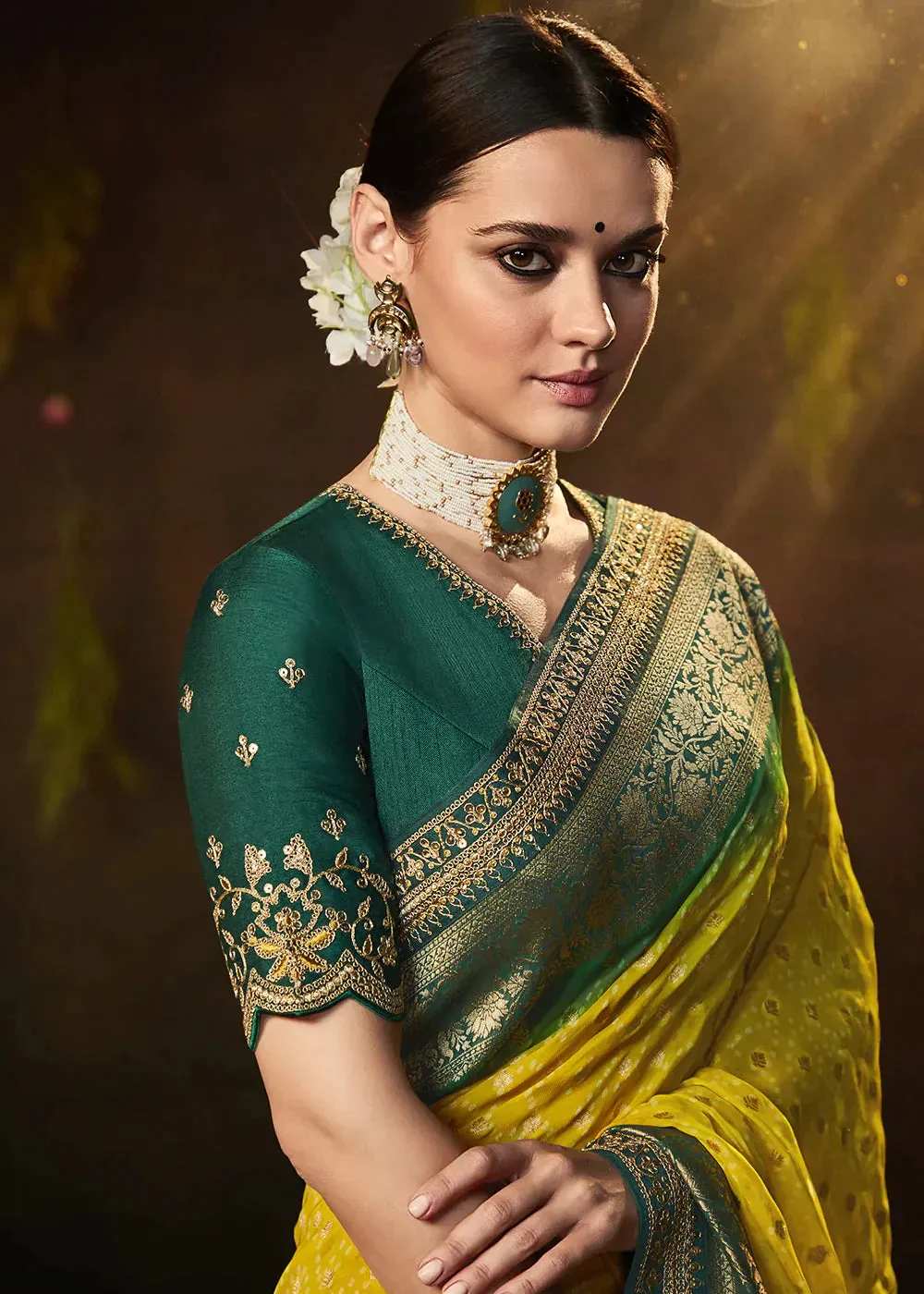 Canary Yellow Zari Weaving Georgette Silk Saree with Embroidery Designer Blouse