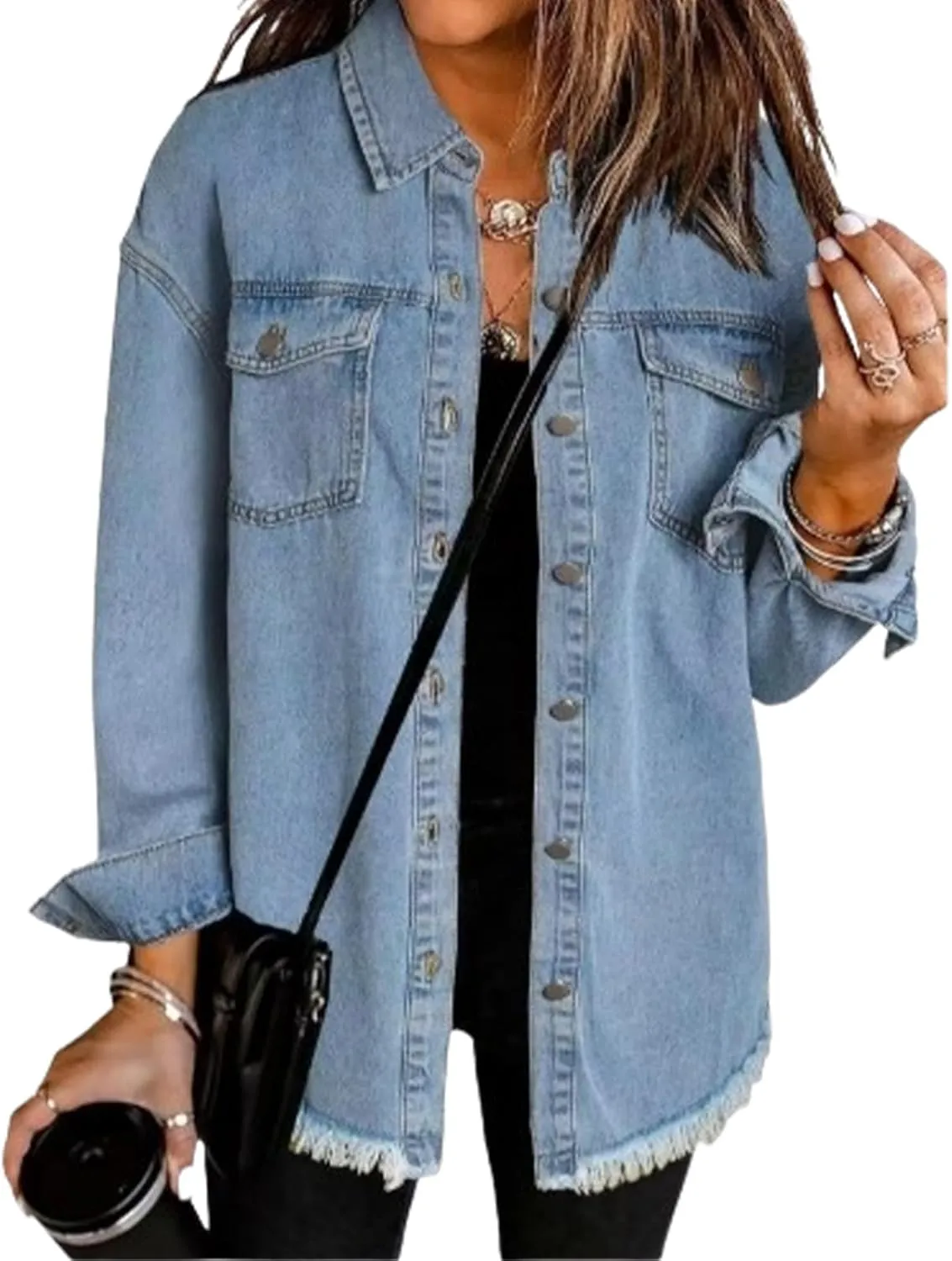 Couawaticy Women's Oversized Denim Jacket,Oversized Button Up Frayed Hem Shacket Long Sleeve Pockets Denim Jean Jacket
