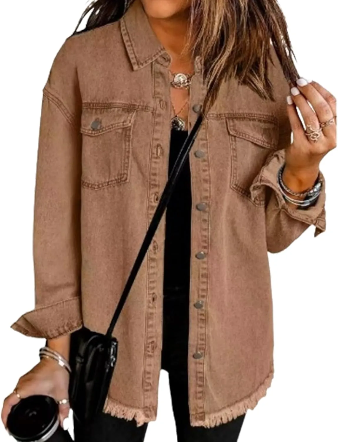 Couawaticy Women's Oversized Denim Jacket,Oversized Button Up Frayed Hem Shacket Long Sleeve Pockets Denim Jean Jacket