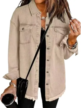 Couawaticy Women's Oversized Denim Jacket,Oversized Button Up Frayed Hem Shacket Long Sleeve Pockets Denim Jean Jacket