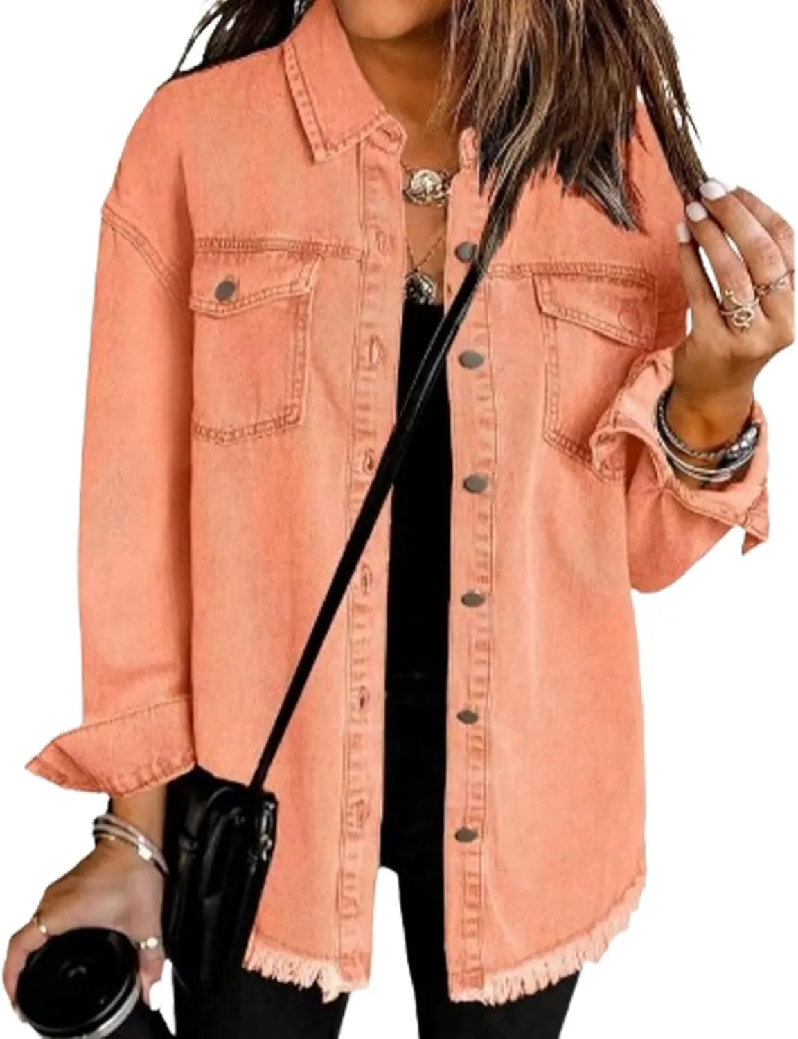 Couawaticy Women's Oversized Denim Jacket,Oversized Button Up Frayed Hem Shacket Long Sleeve Pockets Denim Jean Jacket