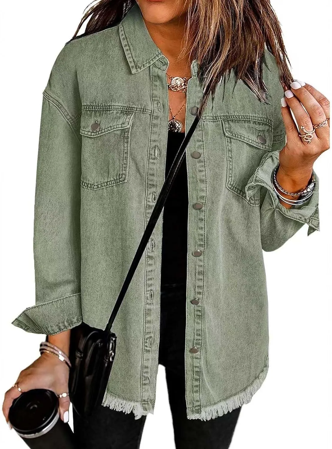Couawaticy Women's Oversized Denim Jacket,Oversized Button Up Frayed Hem Shacket Long Sleeve Pockets Denim Jean Jacket