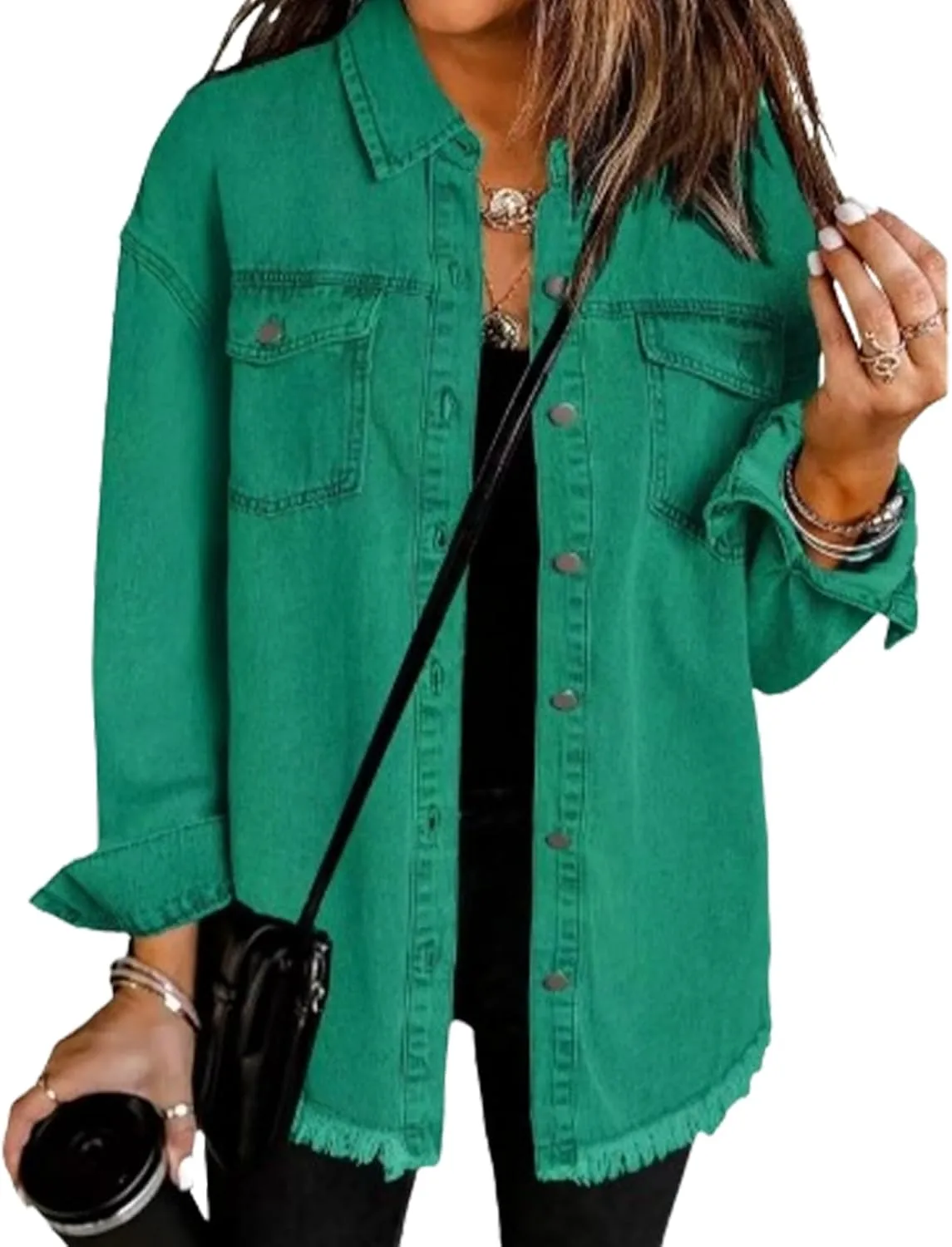 Couawaticy Women's Oversized Denim Jacket,Oversized Button Up Frayed Hem Shacket Long Sleeve Pockets Denim Jean Jacket