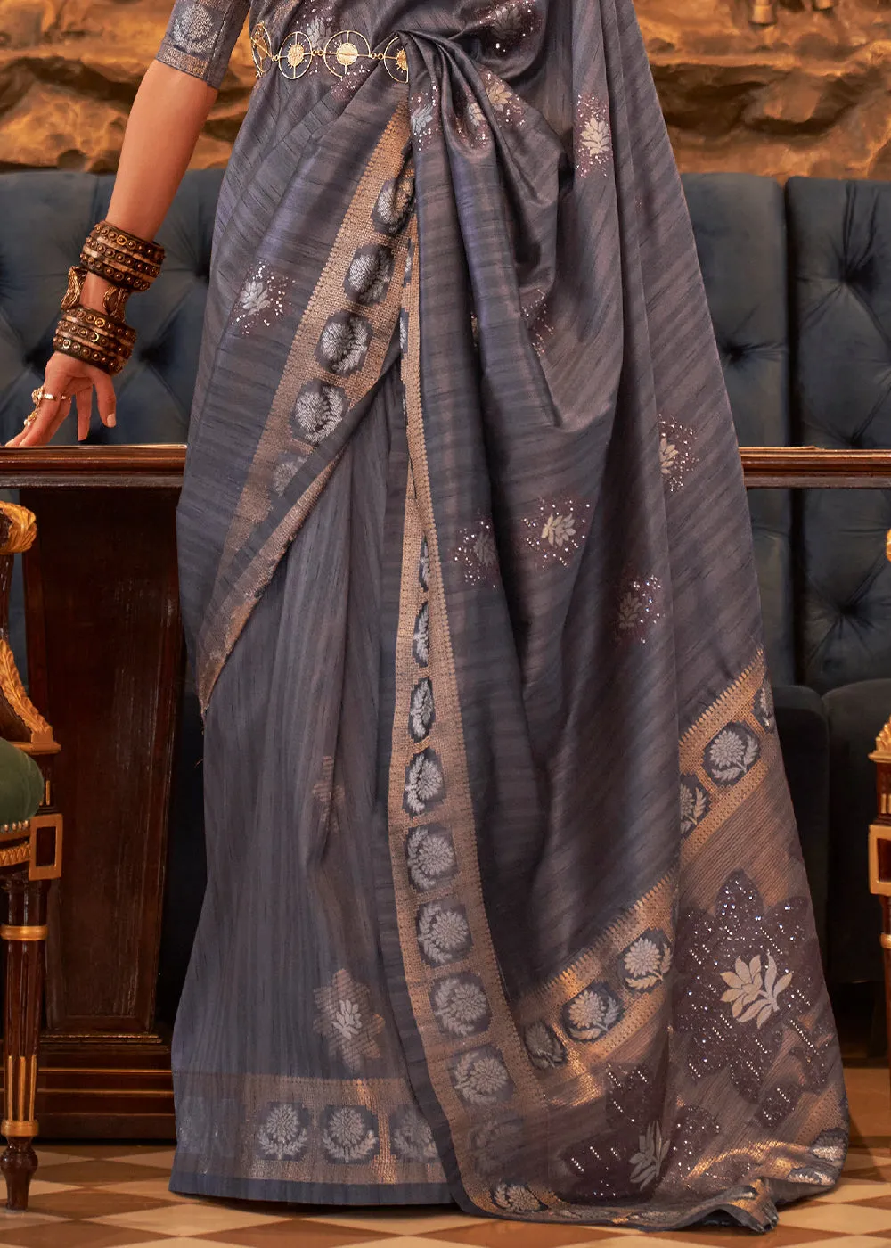 Dark Grey Woven Tussar Silk Saree with Sequins Work