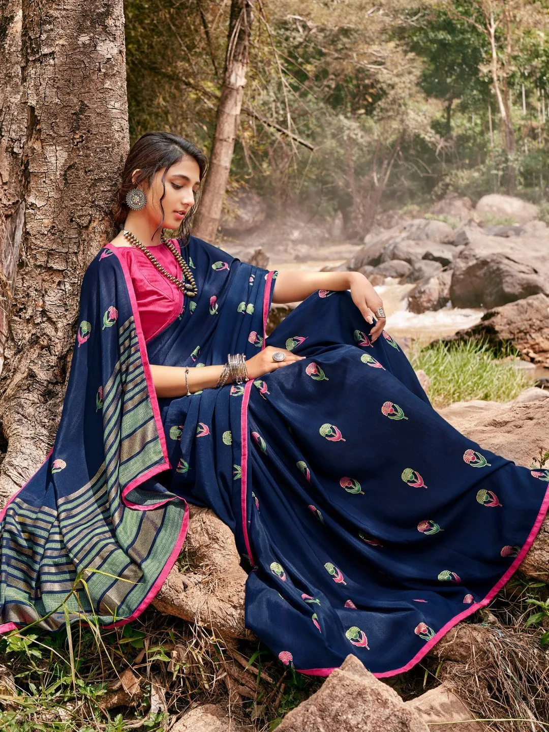 Designer Blue Printed Chiffon Saree for Women With Blouse
