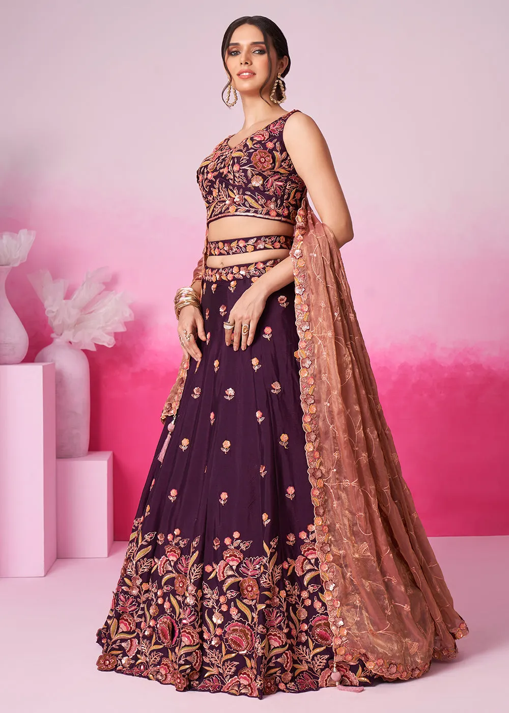 Designer Burgundy Chiffon Embroidered Wedding Lehenga Choli