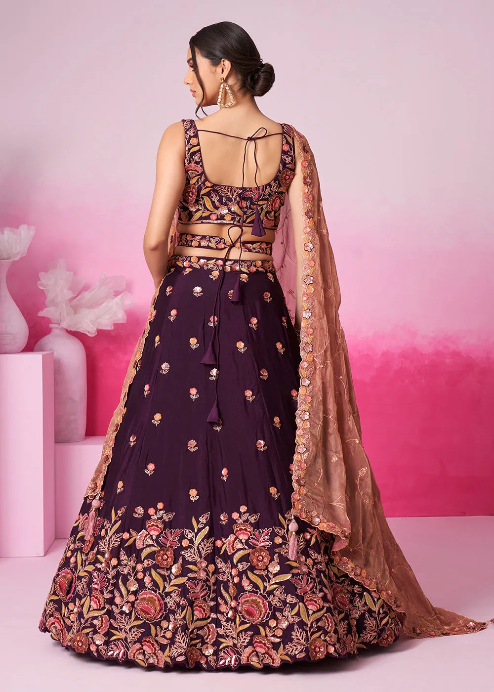 Designer Burgundy Chiffon Embroidered Wedding Lehenga Choli