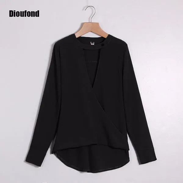 Dioufond Spring Elegant women blouse V-neck Hanging neck long sleeves chiffon black top solid color fashion plus size colthing