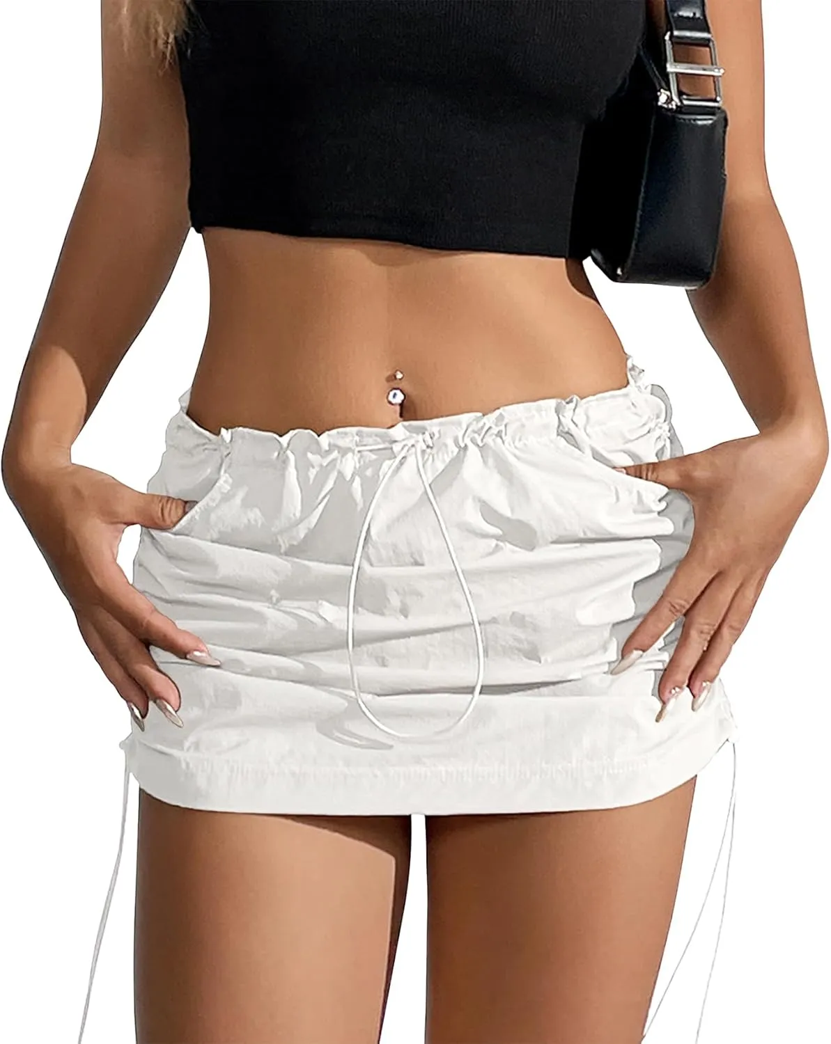 Durio Cargo Skirt Y2K, Mini Skirt for Women Drawstring Sexy Skirt Low Rise with Pocket