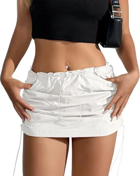 Durio Cargo Skirt Y2K, Mini Skirt for Women Drawstring Sexy Skirt Low Rise with Pocket