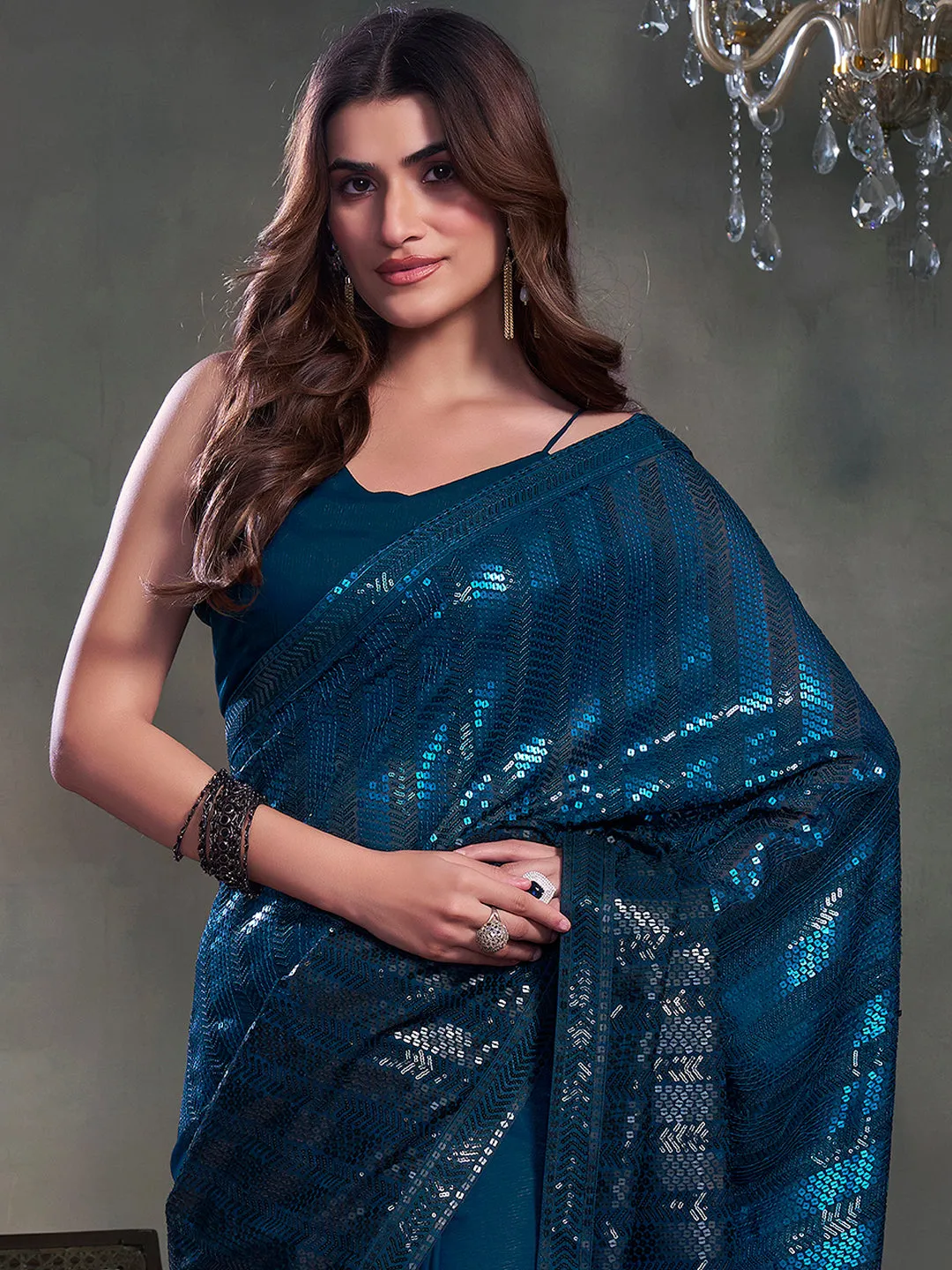 Embellished Sequinned Poly Chiffon Saree