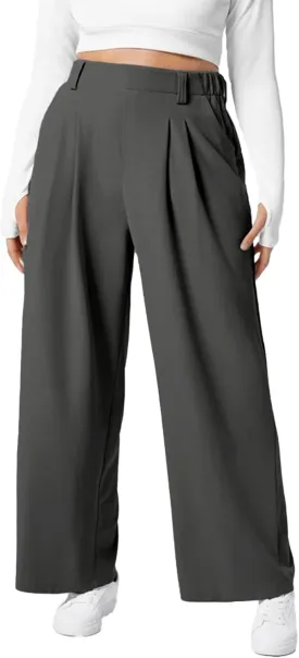 Eytino Womens Plus Size Wide Leg Dress Pants Elastic High Waisted Casual Waffle Palazzo Pants Trousers with Pockets(1X-5X)