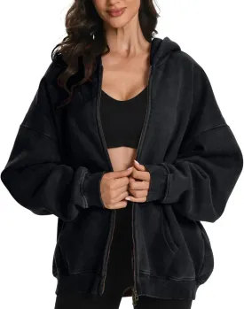 FAIABLE Womens Mens Zip Up Hoodie Oversized Acid Wash Hoodies Heavyweight Distress Cotton Fleece Zipper Hoodie Vintage