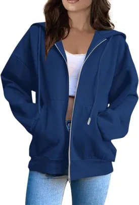 Fashion Hoodies Vintage Zipper Oversized Loose Fit Hoodies Women Long Sleeve Solid Jackets Soft Outdoor Sweatshirt