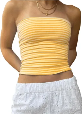 Floerns Women's Beach Vacation Boho Striped Sleeveless Bandeau Summer Strapless Crop Knit Tube Top