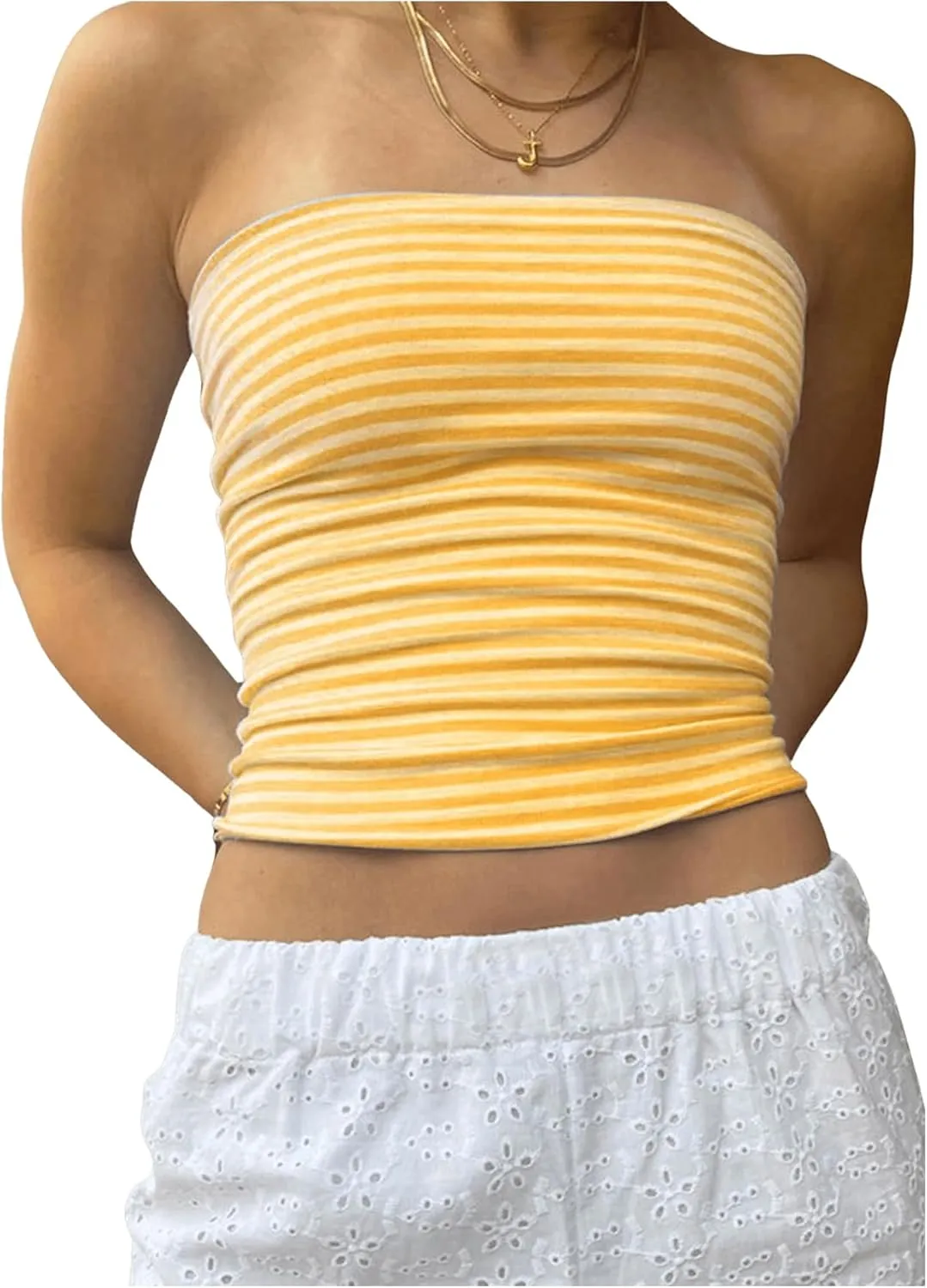 Floerns Women's Beach Vacation Boho Striped Sleeveless Bandeau Summer Strapless Crop Knit Tube Top