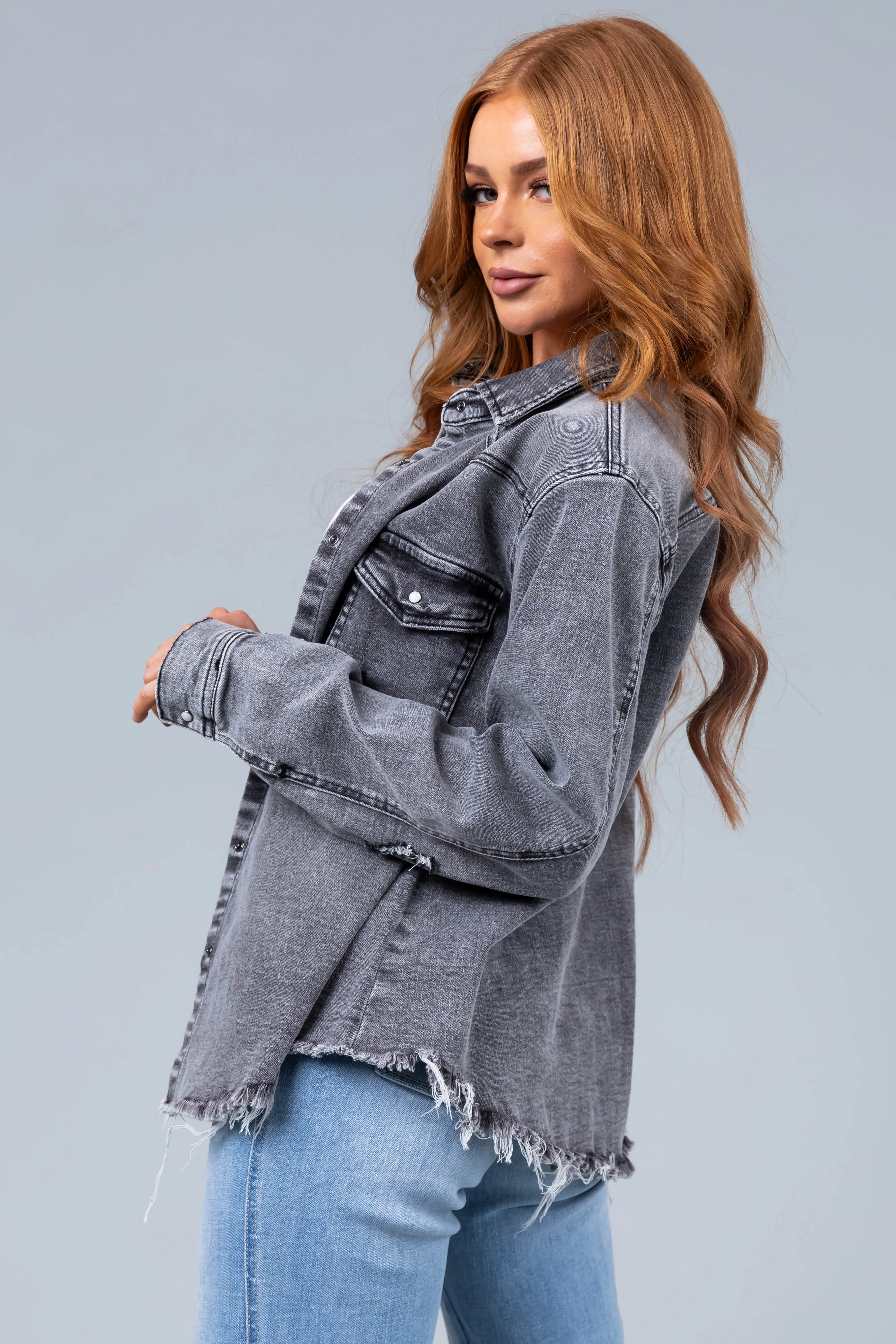 Graphite Button Up Distressed Denim Jacket