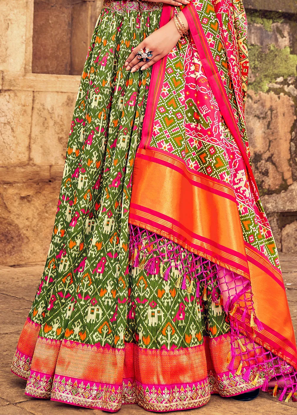 Green & Pink Patola Printed Banarasi Silk Lehenga Choli with Embroidery Work