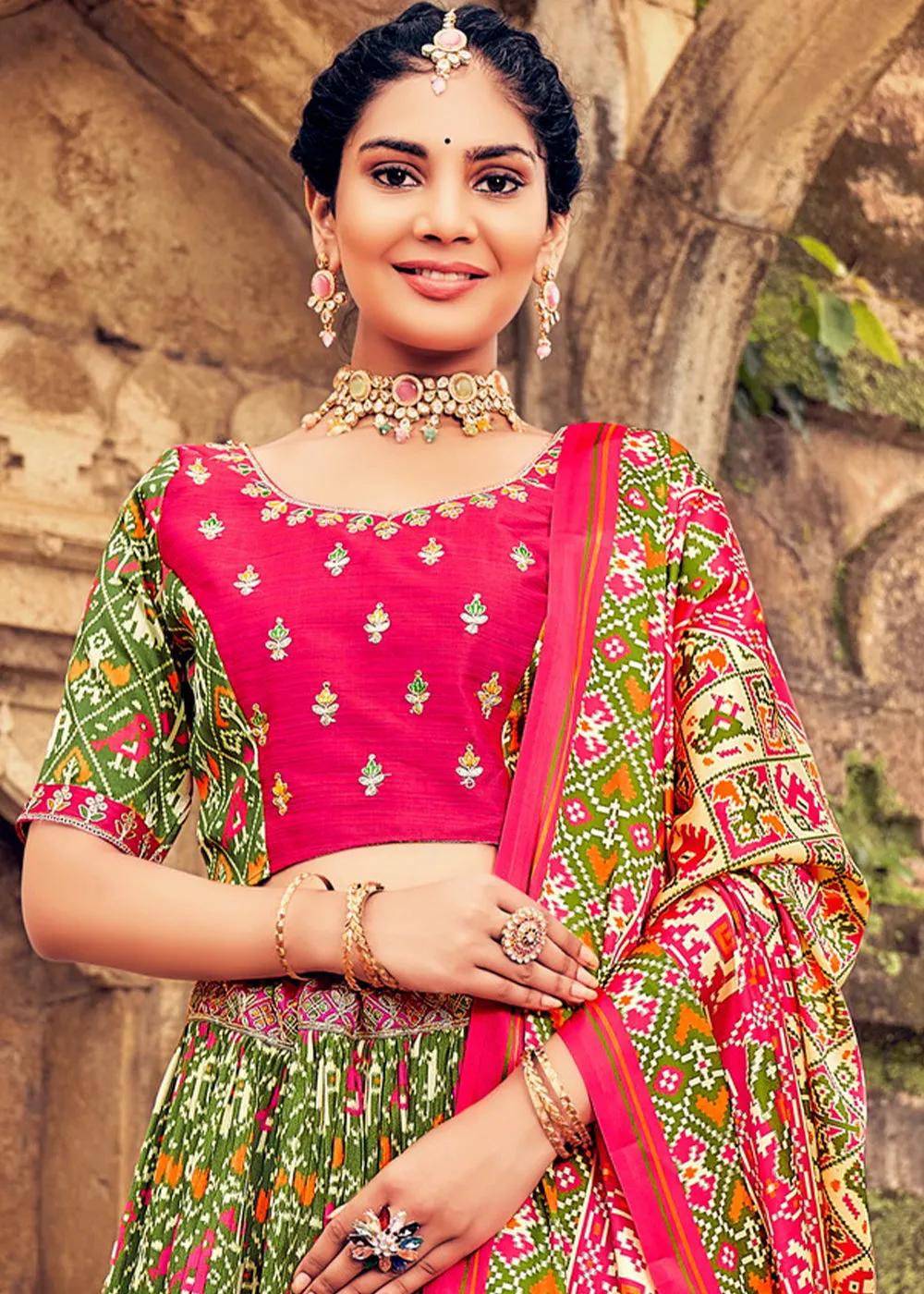 Green & Pink Patola Printed Banarasi Silk Lehenga Choli with Embroidery Work