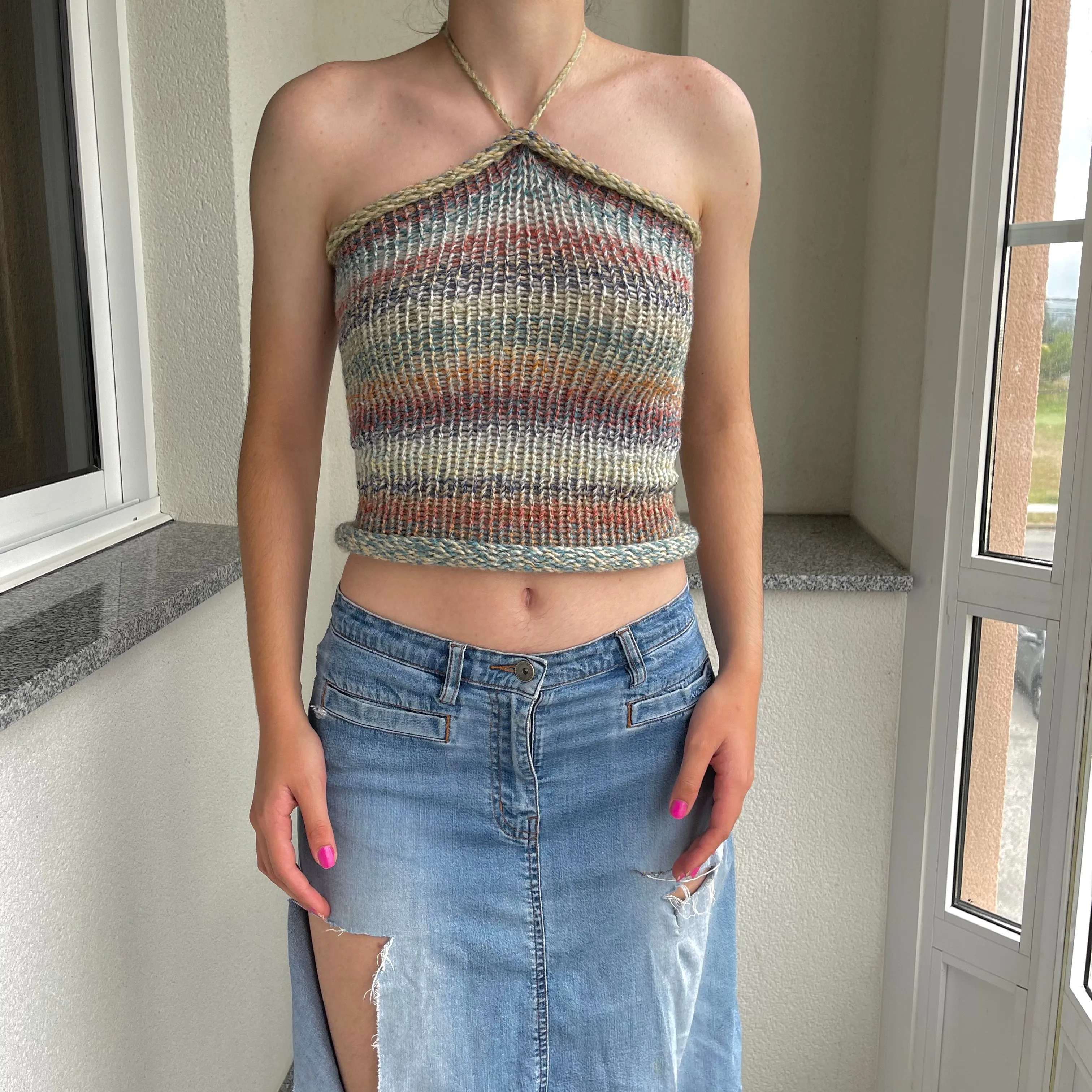 Handmade multicoloured knitted halter top