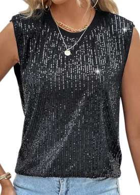 Haoohu Women's Sparkly Sequin Sleeveless Tank Top Camisole Round Neck Rave Tank Vest Party Shirt Clubwear