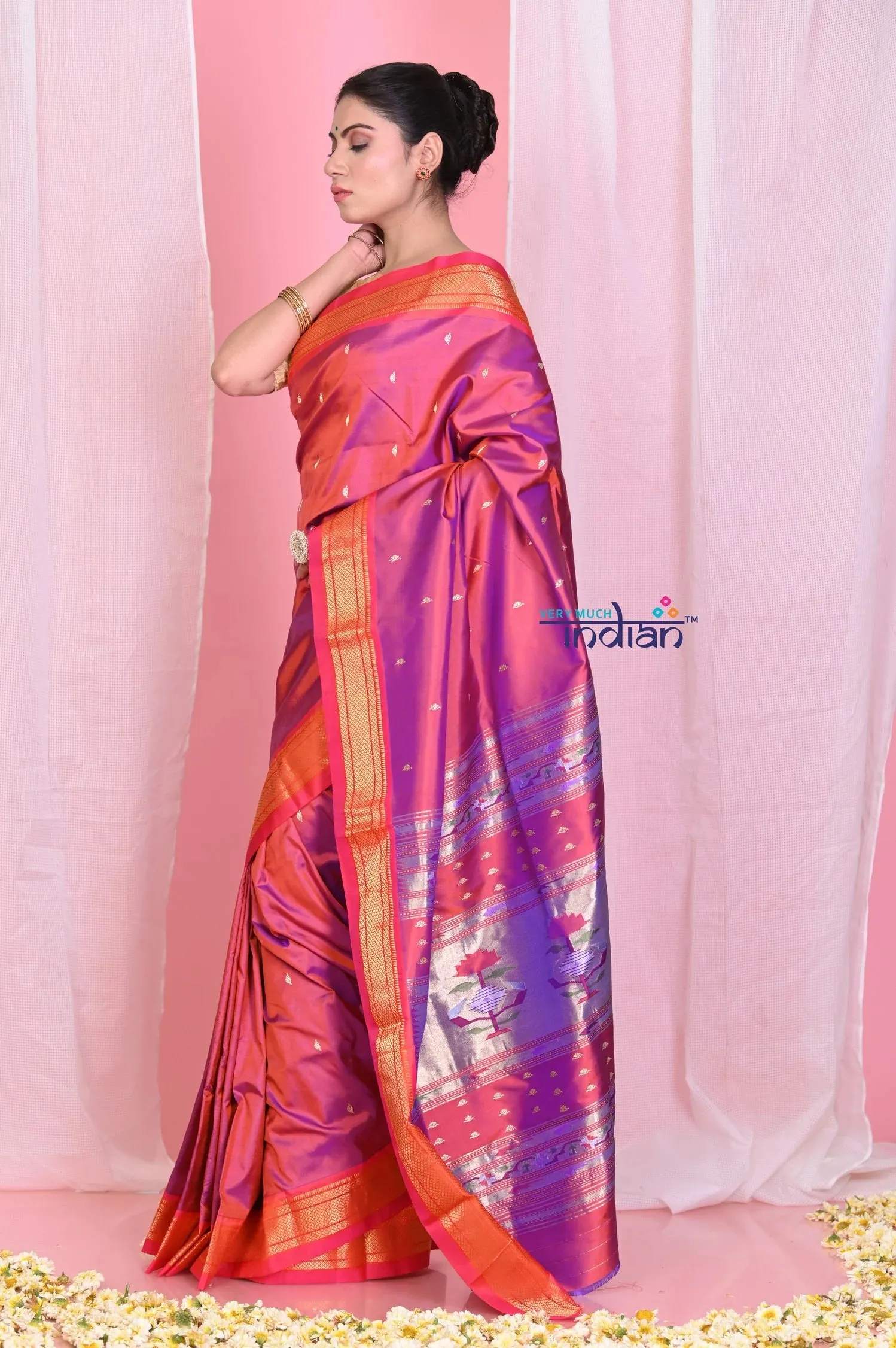 Heritage Weave Pehal~Traditional Dual Tone Orange- Pink Pure Silk Paithani with Exclusive Pallu