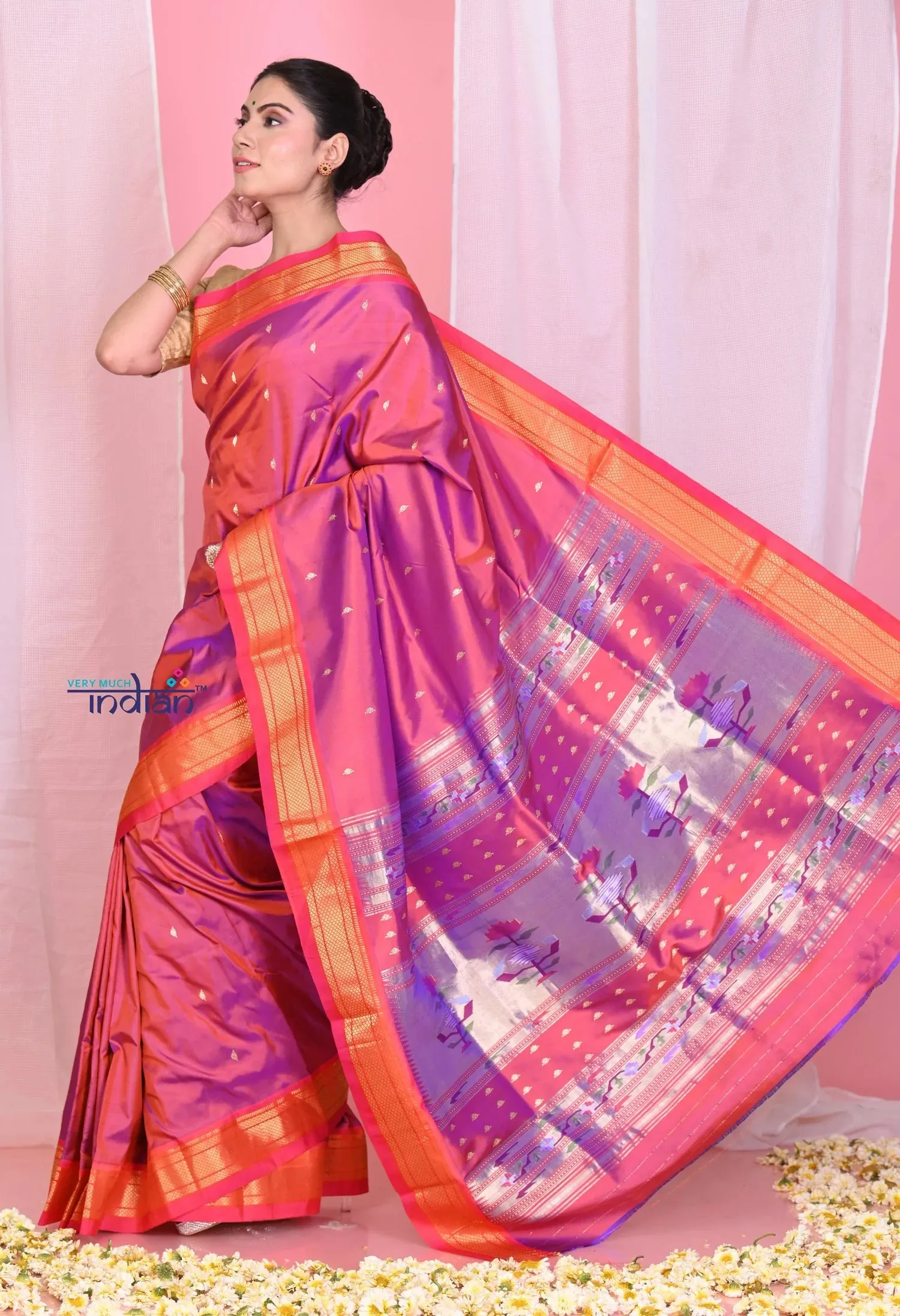 Heritage Weave Pehal~Traditional Dual Tone Orange- Pink Pure Silk Paithani with Exclusive Pallu