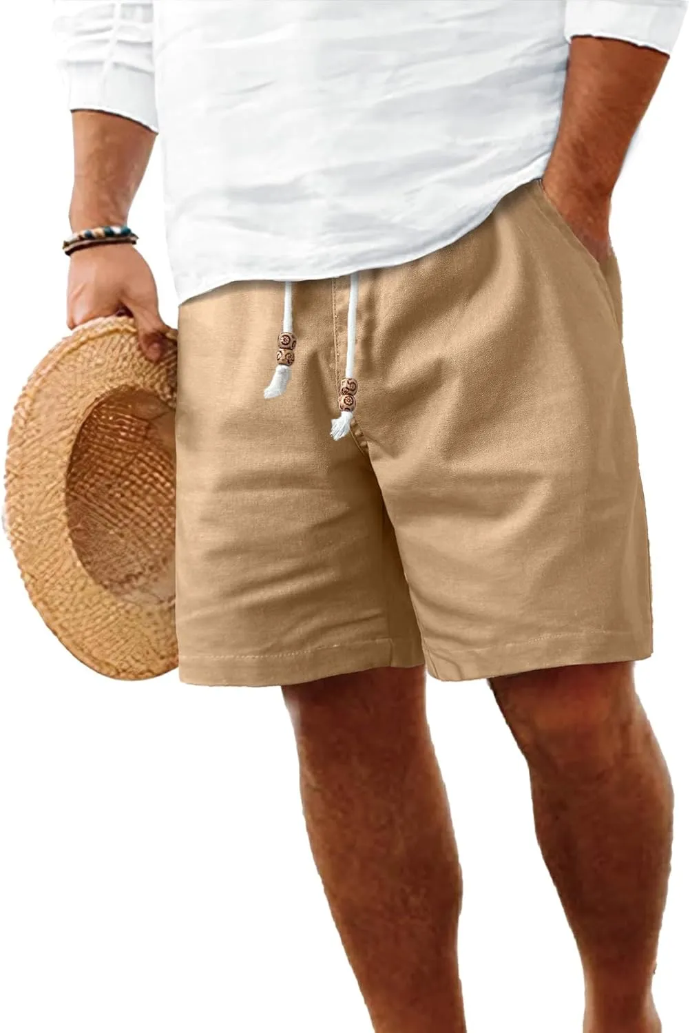 HOTake Men's Linen Shorts Casual Drawstring Elastic Waist Summer Beach Vacation Shorts