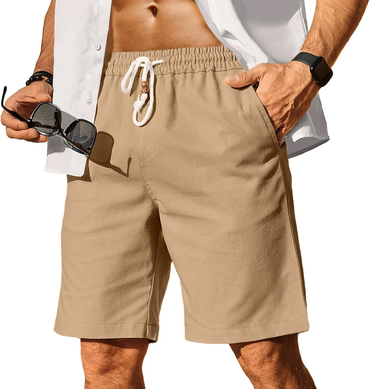 HOTake Men's Linen Shorts Casual Drawstring Elastic Waist Summer Beach Vacation Shorts
