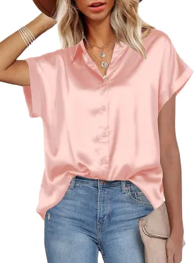 HOTOUCH Silk Button Down Shirts for Women Satin Short Sleeve V Neck Casual Work Office Blouse Tunic Tops