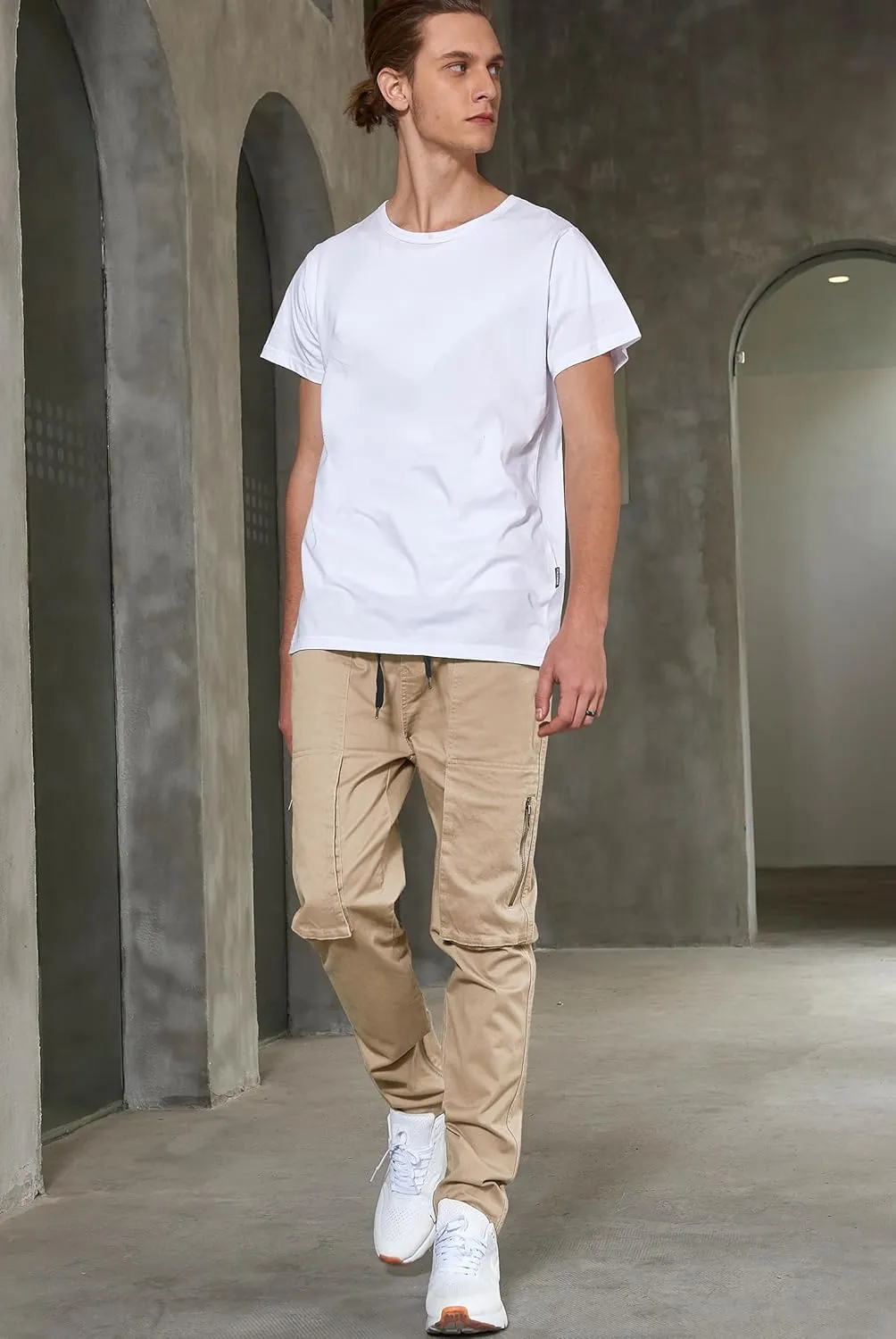 ITALYMORN Slim Fit Khaki Cargo Joggers for Men with Zipper Ankle Stretch Casual Chino Pants