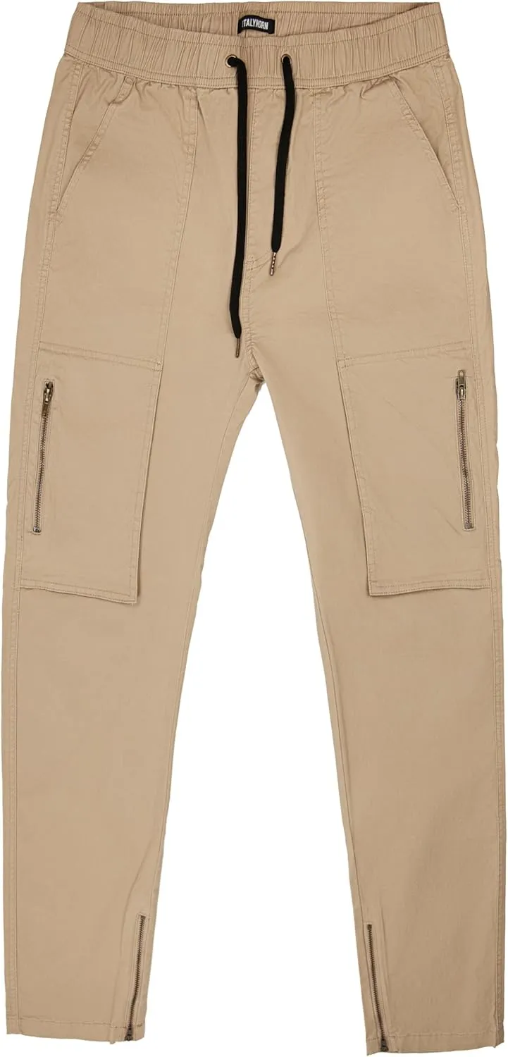 ITALYMORN Slim Fit Khaki Cargo Joggers for Men with Zipper Ankle Stretch Casual Chino Pants