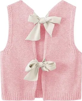 Lianlive Sweater Vest Top for Women Casual Crop Knit Cardigan Vest Bow Tie Back Knitted Tank Tops
