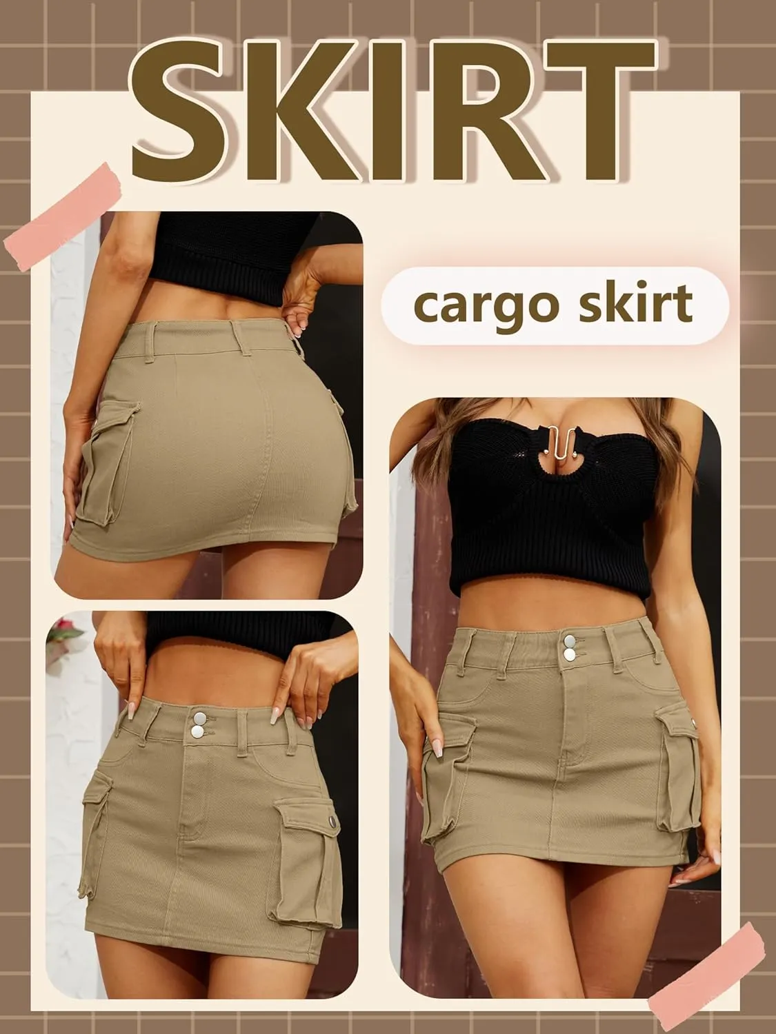 Low Waist Cargo Skirt Women Button Mini Cargo Denim Skirt with Pocket Mini Skirt