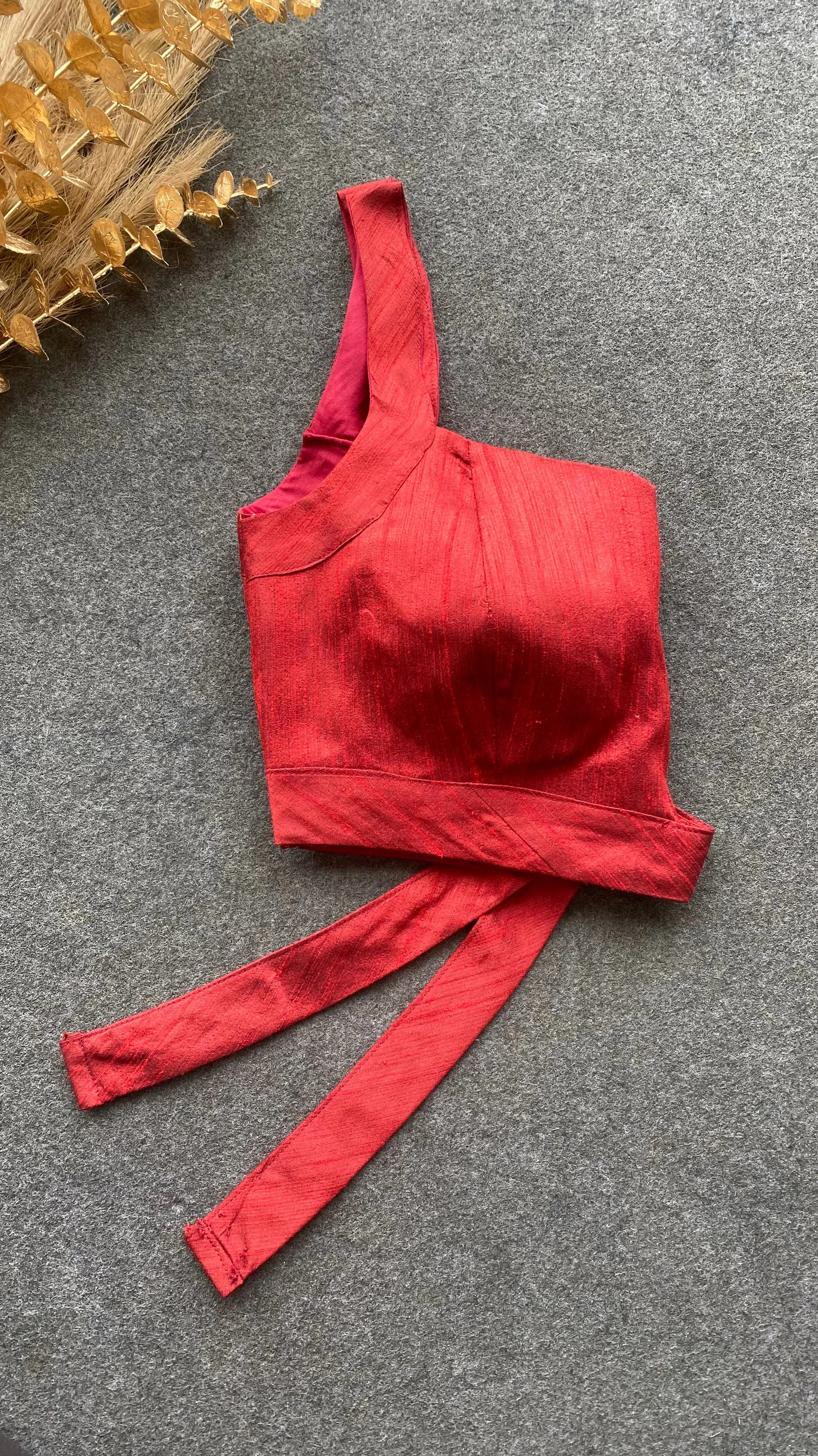 Maroon red silk waist band patterned blouse