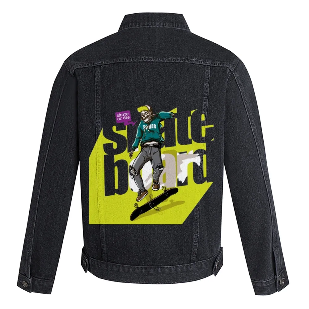 Mens Vintage Skate Or Die Cartoon Prints Skeleton Denim Jacket