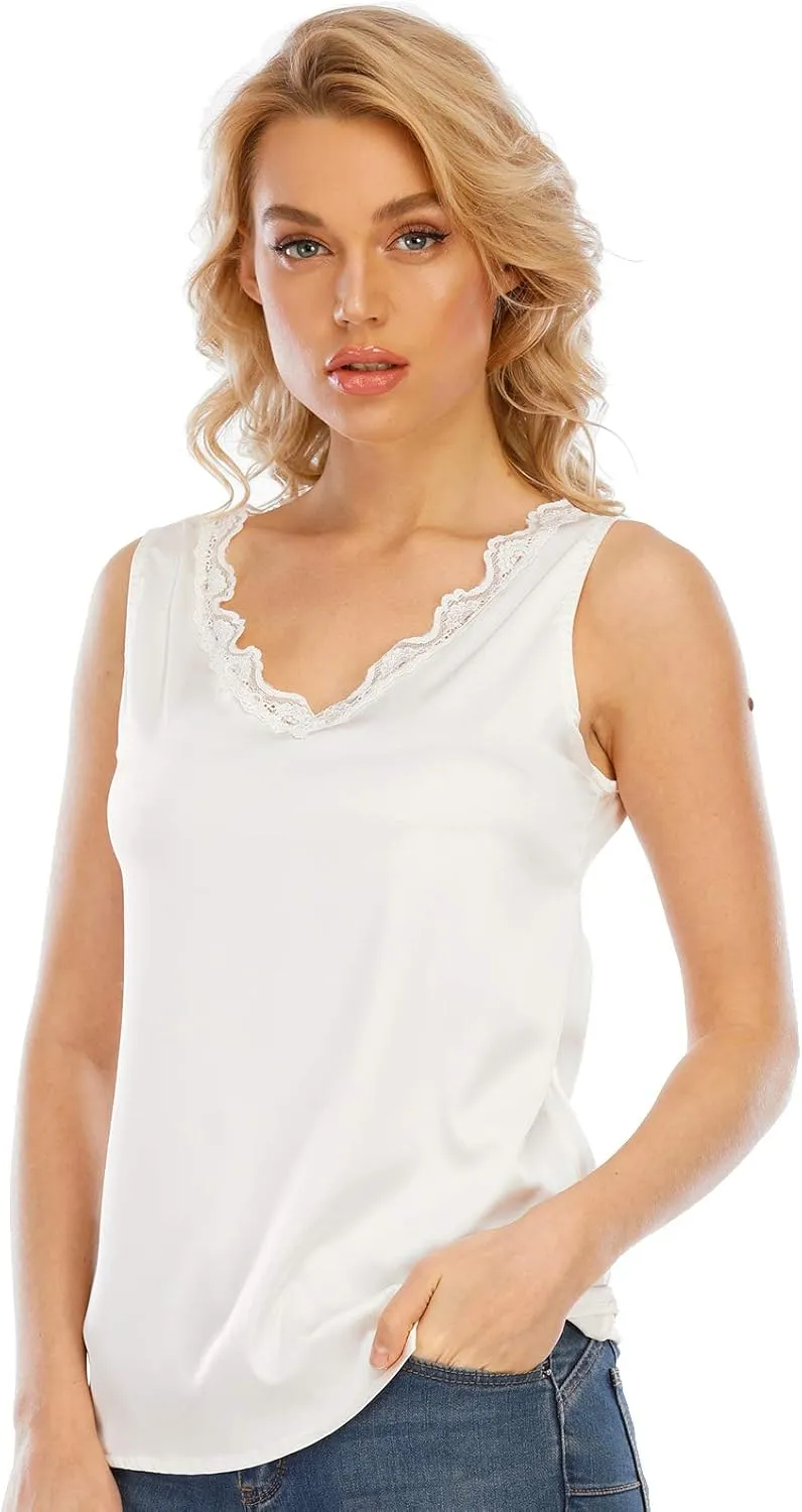 Miqieer Women's Silk V Neck Camisole Lace Racerback Tank Tops Casual Loose Sleeveless Blouse Shirts